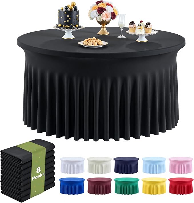 Outpain 8 Pack Black Spandex Tablecloth for 72in/6FT Round Tables, Wrinkle Free Tablecloth with Skirt for Wedding, Graduation & Banquet