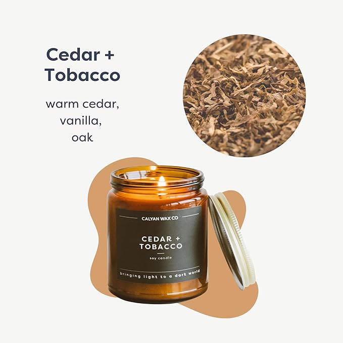 Calyan Wax Co. Soy Wax Candle, Cedar + Tobacco Scented Candle, 57 Hour Burn Time, Aromatherapy Soy Candles, Non Toxic & Vegan Soy Wax, Amber Glass Jar Scented Candles, 7.2oz