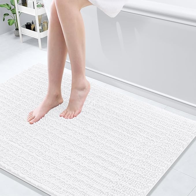 Arotive Luxury Chenille Bathroom Rug Mat, Extra Soft Thick Absorbent Shaggy Bath Rugs, Non-Slip Machine Wash Dry, Plush Bath Mats for Bathroom, Shower and Tub, 47x32, White