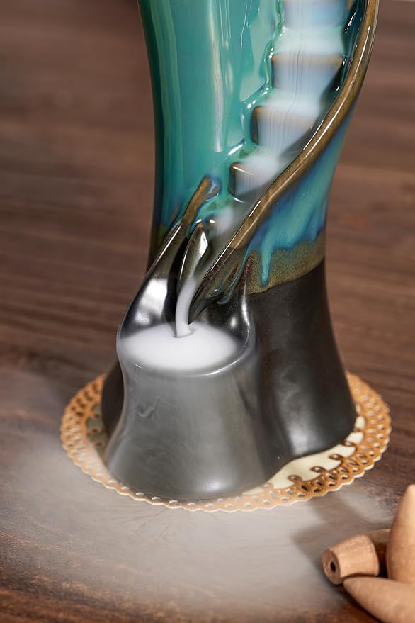 Unique Cloud Stairs Ceramic Waterfall Incense Holder, Paired with a Pack of Backflow Incense Cones. (Blue)