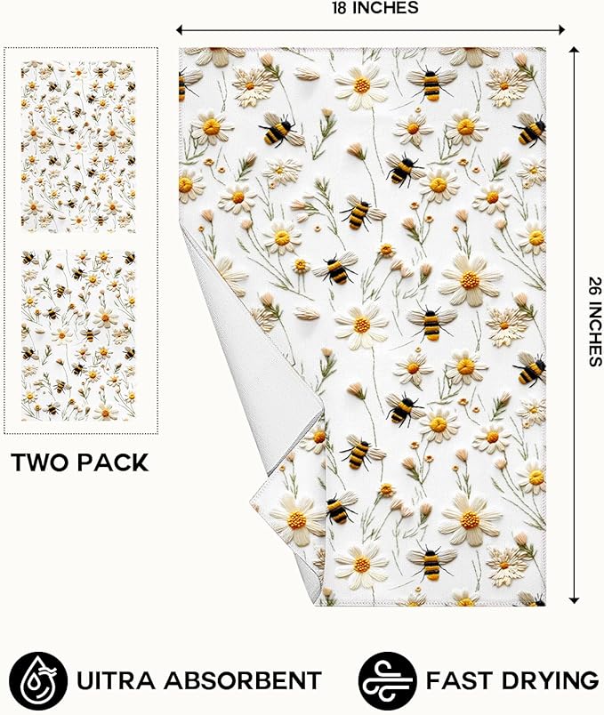 Microfiber Kitchen Towels - Set of 2 Dish Towels for Kitchen 18 x 26 Inch Home Decoration White Flower Bee Cute Spring Hand Towels Soft & Absorbent Aesthetic Design