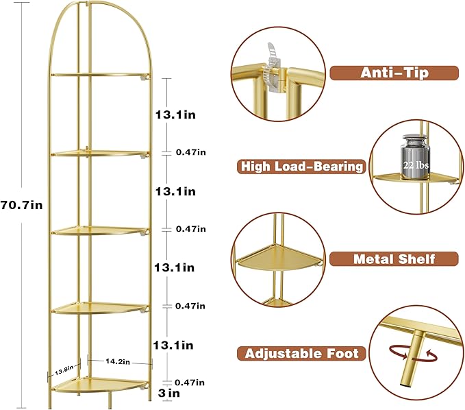 Crofy Foldable 5 Tier Corner Shelf, Metal Corner Plant Stand with Gold Frame and Gold Shelves, Corner Display Rack Multipurpose Shelving Unit for Living Room, Bedroom, Bathroom