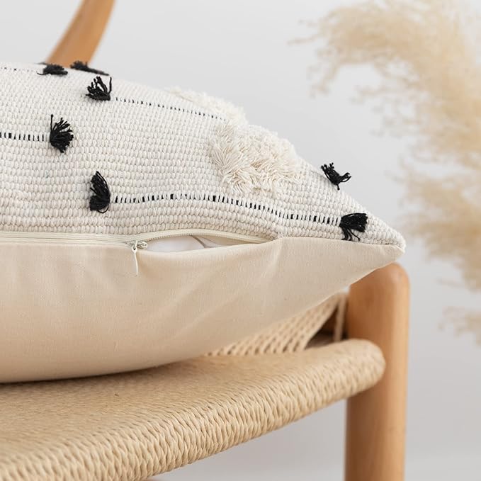 LIGICKY Boho Lumbar Pillow Covers Decorative Woven Throw Pillows Rectangle Pillow Sham Black and Beige Off White Pillowcase for Couch Sofa Bed Car 12x20 Inch