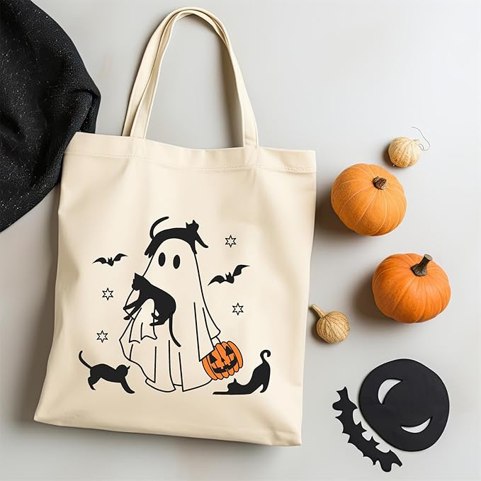 Cute Ghost Tote Bag Black Cats Tote Bag Halloween Cotton Canvas Bag for Women Gift Reusable Grocery Bag Shopping Beach Shoulder Bag