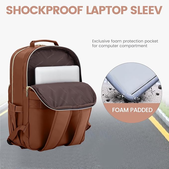 LOVEVOOK Leather Backpacks for Women,15.6 inch Leather Laptop Backpack Women Computer Backpack Laptop Bag,Stylish Quilted Travel Backpack Purse Work Bag College Teacher Backpacks with USB Port,Brown