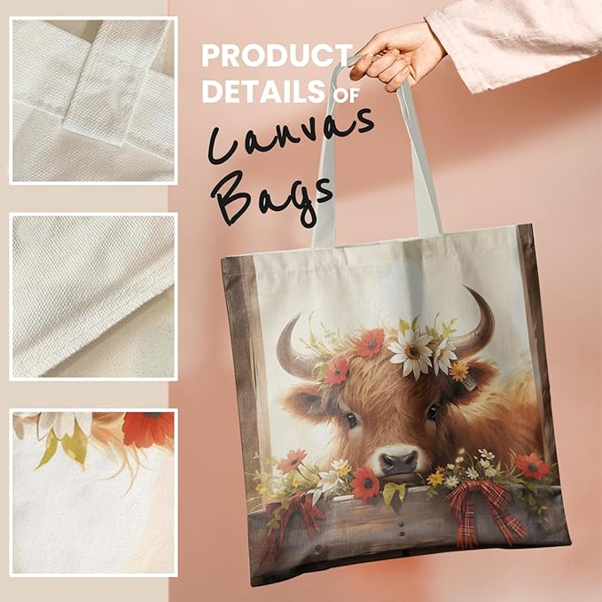 Western Highland Cow Canvas Tote Bag - Highland Cow Lover Gifts,Canvas Shoulder Bag for Women for Girls