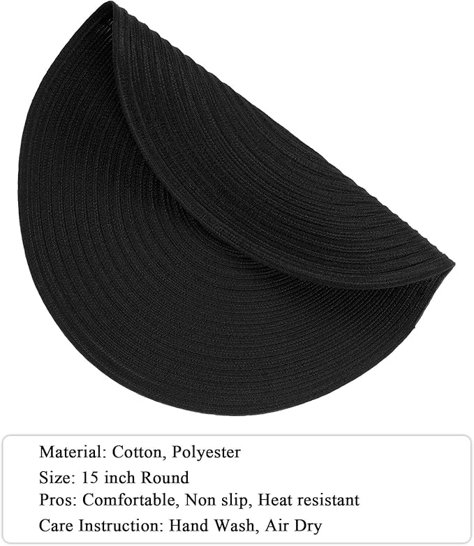 SHACOS Round Braided Placemats Set of 4 Heavy Cotton Polyester Washable Round Table Mats for Dining Tables 15 inch Non Slip Heat Resistant (Black, 4)