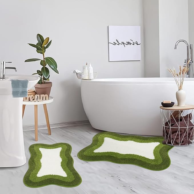 HAOCOO Green Bath Rug 20x31 inch, Soft Non Slip Gradient Irregular Shape Rug for Bathroom Decor, Microfiber Absorbent Washable Shower Rug Tub Shower
