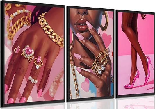ANVOTIG Pink Fashion Black Girl Canvas Wall Art Set of 3 Black Woman African American Wall Decor Pictures Gorgeous Black Women Artwork Posters Prints for Living Room Bedroom Bathroom 12x16In Unframed