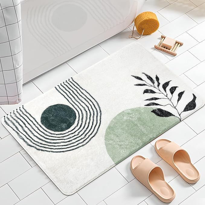 20"X30" Boho Bath Rugs for Bathroom Decor Non-Slip Bath Mat Absorbent Plush Microfiber Soft Carpet Machine Washable Bath Mat for Sink, Showers, Laundry Rooms, Living Room, Green