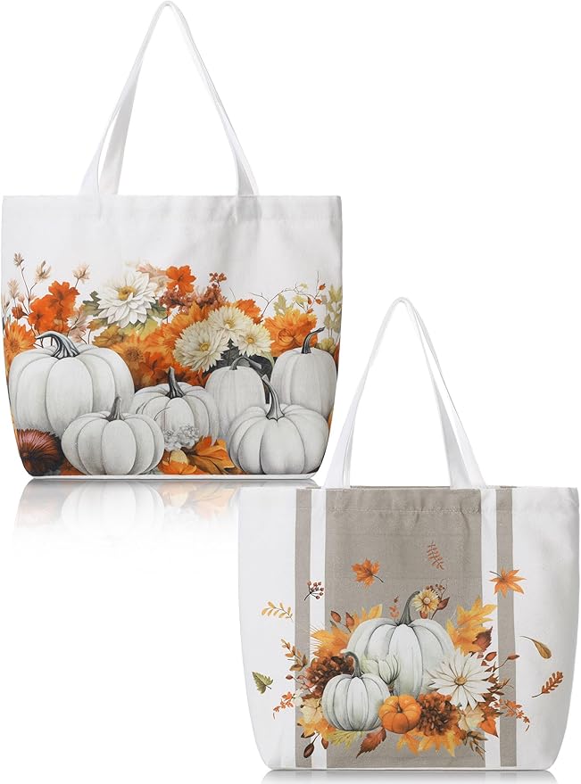 Bencailor 2 Pcs Fall Canvas Tote Bag Thanksgiving Pumpkin Maple Leaf Tote Pouch Cute Aesthetic Reusable Grocery Bag for Women