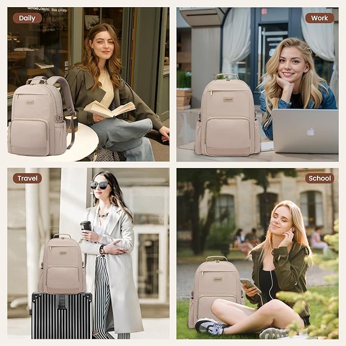 LOVEVOOK Laptop Backpack for Women with Pouch Pocket for Large Capacity Cup,15.6 Inch Laptop Computer Bag Travel Backpack Purse,Waterproof Work Business Backpack College Teacher Bags,Nude