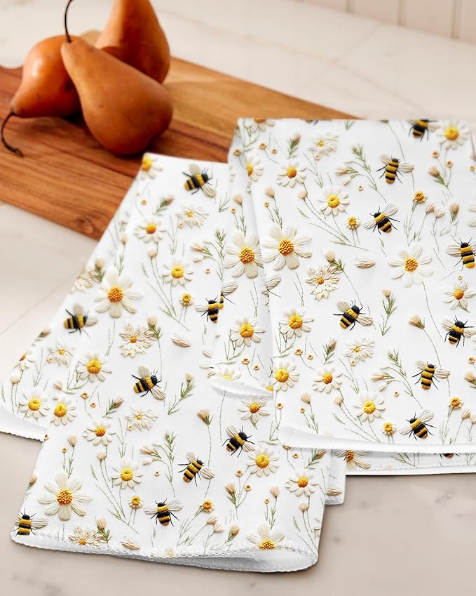 Microfiber Kitchen Towels - Set of 2 Dish Towels for Kitchen 18 x 26 Inch Home Decoration White Flower Bee Cute Spring Hand Towels Soft & Absorbent Aesthetic Design