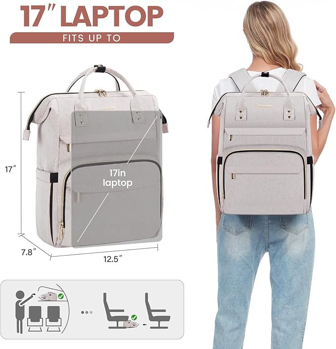 LOVEVOOK Laptop Backpack for Women,17 Inch Professional Womens Travel Backpack Purse Computer Laptop Bag Nurse Teacher Backpack,Waterproof College Work Bags Carry on Back Pack with USB Port,Off-white
