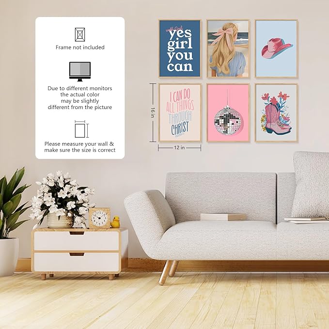 6 Pcs Christian Girly Wall Art Coastal Cowgirl Poster Vintage Beachy Canvas Prints Clean Girl Aesthetic Painting Granddaughter Room Decor Preppy Trendy Picture for Dorm 12X16Inch