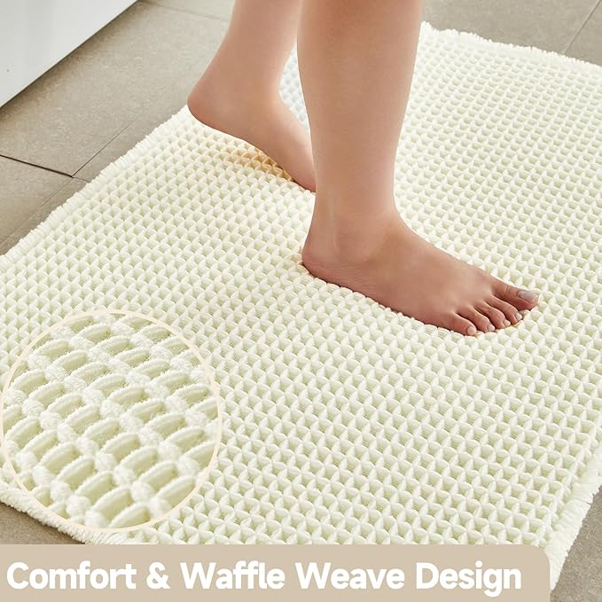 Cream White Long Bathroom Rugs, Waffle Runner Rug Bathroom Non Slip Washable Super Absorbent Quick Dry Boho Farmhouse Bath Mat, 72"x24" Cream White
