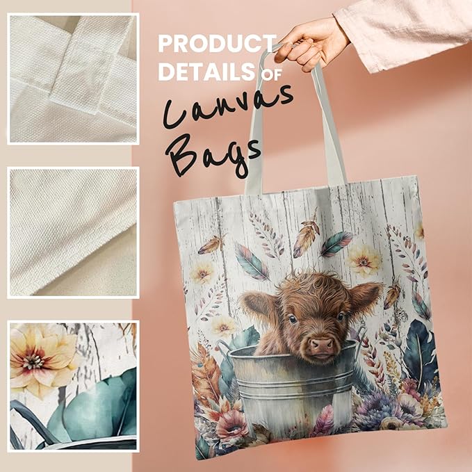 Western Highland Cow Canvas Tote Bag - Highland Cow Lover Gifts,Canvas Shoulder Bag for Women for Girls