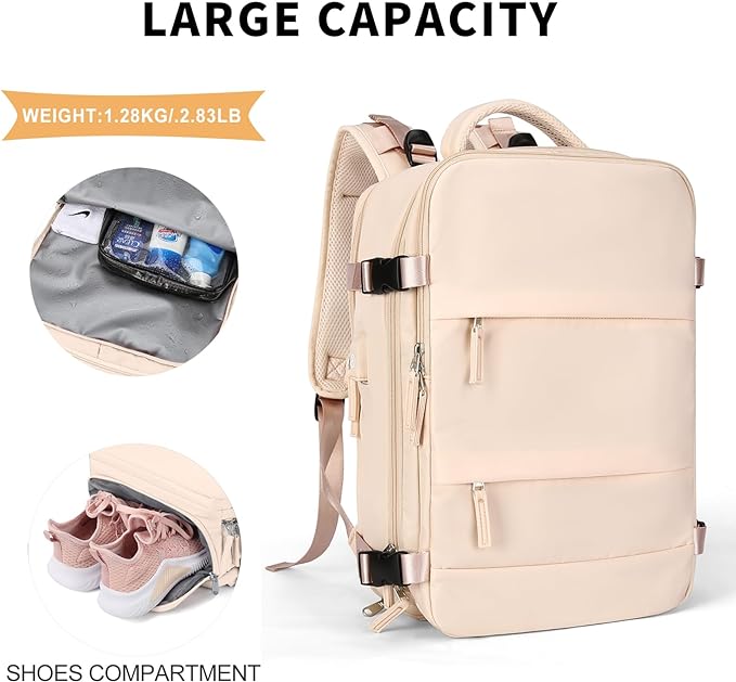 coowoz Large Casual Travel Backpack For Women Men,Carry On Rucksack Flight Approved,Hiking Waterproof Outdoor Sports Daypack Fit 15.6 Inch Laptop Shoes Compartment (Beige)