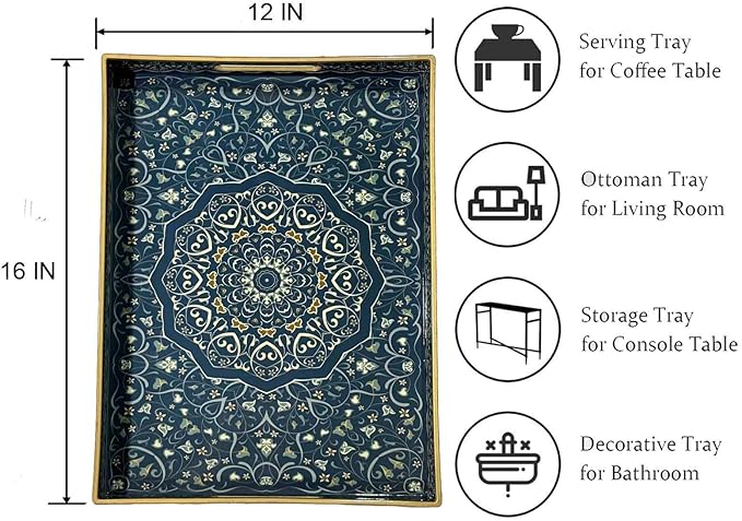 Plastic Serving Tray with Handles,Large Ottoman Tray for Living Room,Large Rectangle Trays for Ottoman Coffee Table,Decorative Blue Boho Serving Trays for Home Decor,16" x 12"