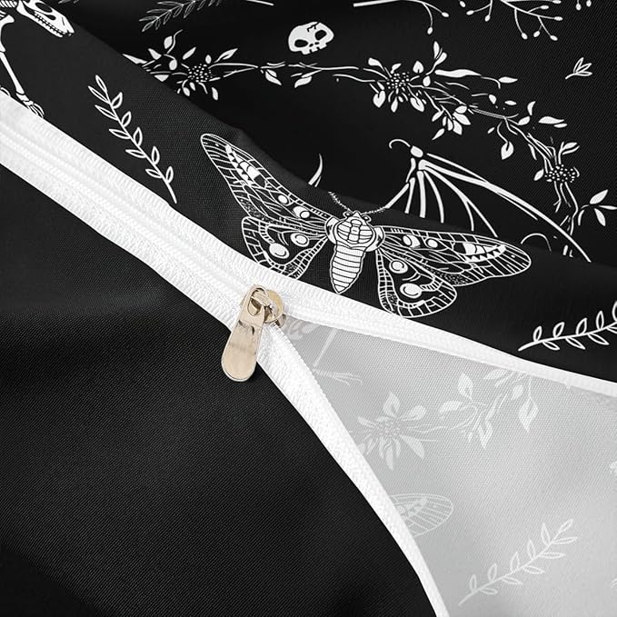 Castle Fairy Moth Animal Theme Duvet Cover Queen Size,Gothic Skull Boho Comforter Cover with 2 Pillowcase for Adults,Black and White Skeleton Decorative Soft Bedding Set,No Comforter