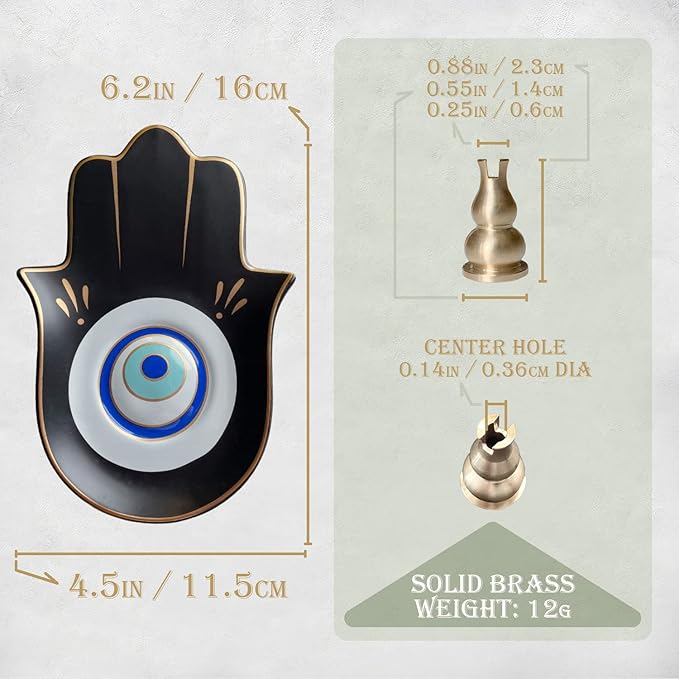 Ceramic Hamsa Hand Incense Holder - 2 in 1 Brass Incense Holder for Sticks and Coil Incense- Zen Decor with Hand of Fatima Design Protection from Evil - 6.2" L X 4.5" W (Blackeye)