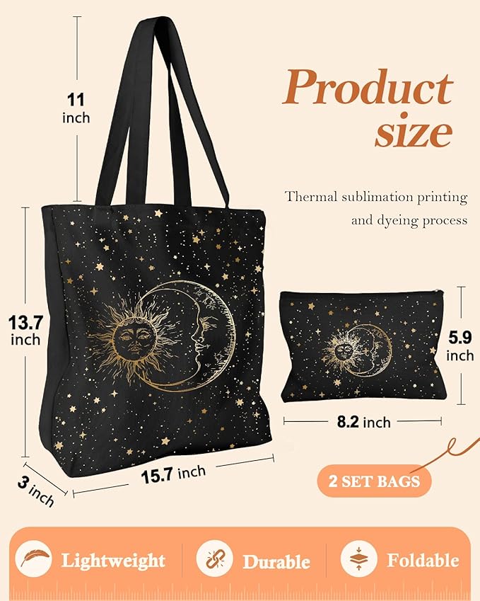Aesthetic 2 Pack Canvas Tote Bag - with Makeup Zipper Pouch for Women Bag for Shopping, Gym, Travel, Vacation