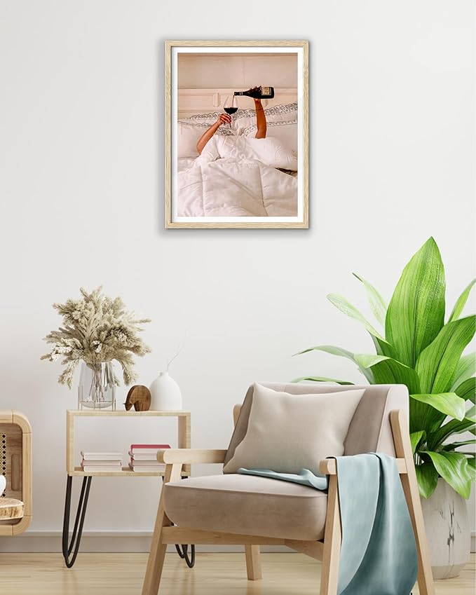EcoHest Unframed Woman Drinking Wine in Bed Wall Art, 12x16 in OAK Wood Feminist Alcohol Canvas Art, Trendy Teen Girl Bar Cart Print College Room Decor, Beige Logs Set of 1 For Bedroom Living Room
