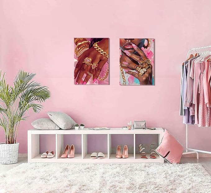 Black Girl Wall Art Set of 3 Pink Fashion Black Woman Canvas Wall Decor Pictures African American Women Paintings Home Decor Posters Prints for Living Room Bedroom Bathroom 16x24Inch Framed