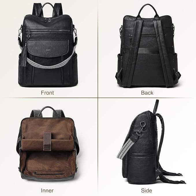 Shrrie Laptop Backpack for Women 15.6 inch,Travel Leather Backpack Purse Nurse Teacher Carry on Backpack Computer Bag,Professional Water-Resistant College Business Work Casual Daypack,Two-tone Black