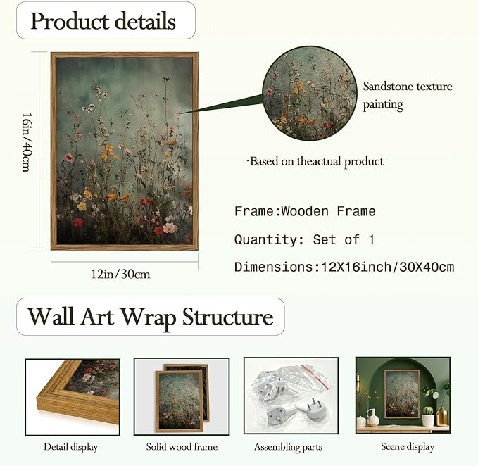 Vintage Wildflower Wall Art, Green Flower Wall Decor Painting, Hand Drawn Sandstone 3D Textured Farmhouse Botanical Nature Landscape Artwork for Living Room Bedroom 12x16 inch Wood Framed