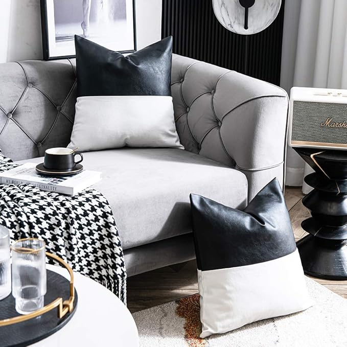 DEZENE Leather Throw Pillow Covers, Set of 2 Modern Leather/Cotton Decorative Pillowcases for Home Decor Bedroom Living Room Couch Bed Sofa, 20x20 Inch, Black and White