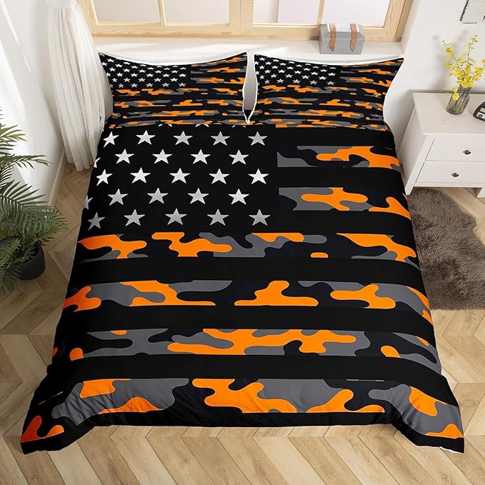 Camo American Flag Duvet Cover Set Twin Size,Orange Grey Black Camouflage Print Comforter Cover for Kids Boys Bedroom Gift,Stars Stripes Flag Bedding Set with 1 Pillowcase Bedspread