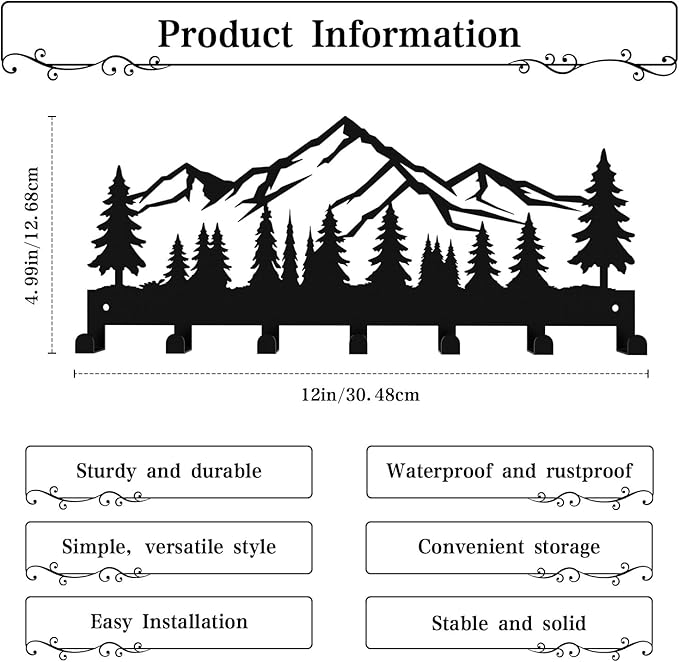 Key Holder Wall Mounted Key Hooks, Black Metal Key Rack Hooks, Little Grove, Mountain Theme Wall Decoration Hooks, with 7 Hooks, Applicable to Front Doors, Lobby,Corridor, Offices (12 ")