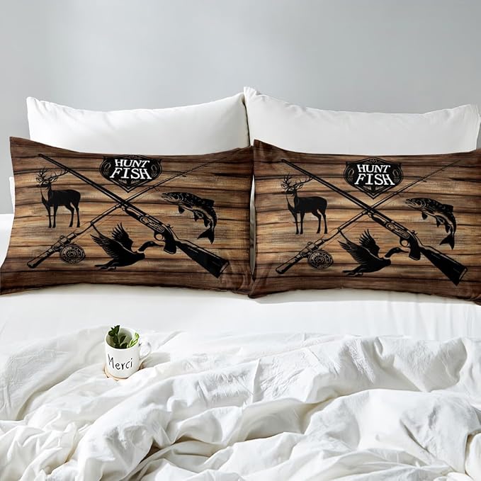 Rustic Hunt Fish Duvet Cover Set Twin Size,Retro Farm Wooden Board Comforter Cover for Hunter Lodge Decor,Deer Bird Fish Wild Animal Hunting Brown Bedding Set with 1 Pillowcase, (No Comforter)