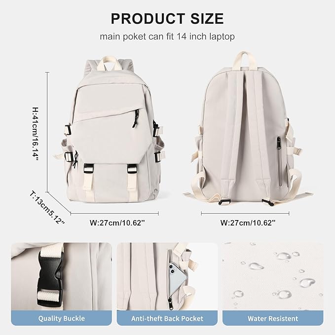 Lightweight School Bag Casual Daypack College Laptop Backpack for Men Women Water Resistant Travel Rucksack for Sports High School Middle Bookbag for girls（White）