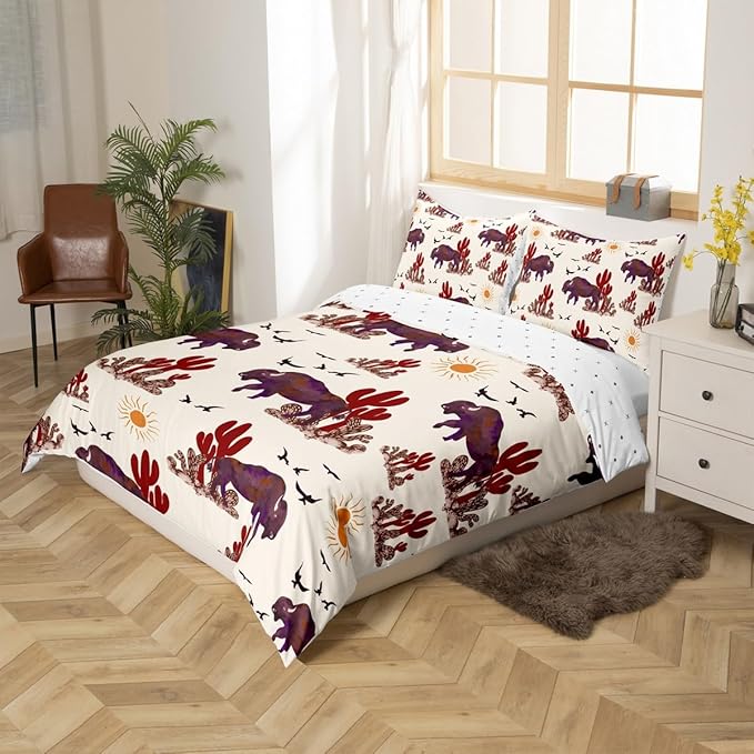 Feelyou Buffalo Ranch North American Bisons Duvet Cover Set Queen Size Western Bedding Sets Rustic Country Cabin Southwestern Animal Comforter Cover Set Kids Boys Brown Cream Farmhouse Quilt Cover