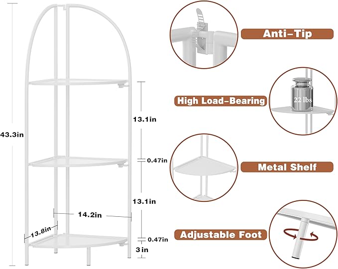 Crofy Foldable 3 Tier Corner Shelf, Metal Corner Plant Stand with White Frame and White Shelves, Corner Display Rack Multipurpose Shelving Unit for Living Room, Bedroom, Bathroom