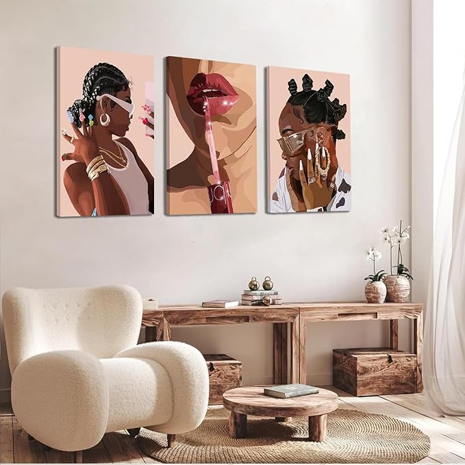 ANVOTIG Framed African American Black Girl Canvas Wall Art Set of 3 Fashion Black Women Wall Decor Pictures Hip Hop Sunglasses Jewelry Posters Prints Paintings for Home Living Room Bedroom16x24in