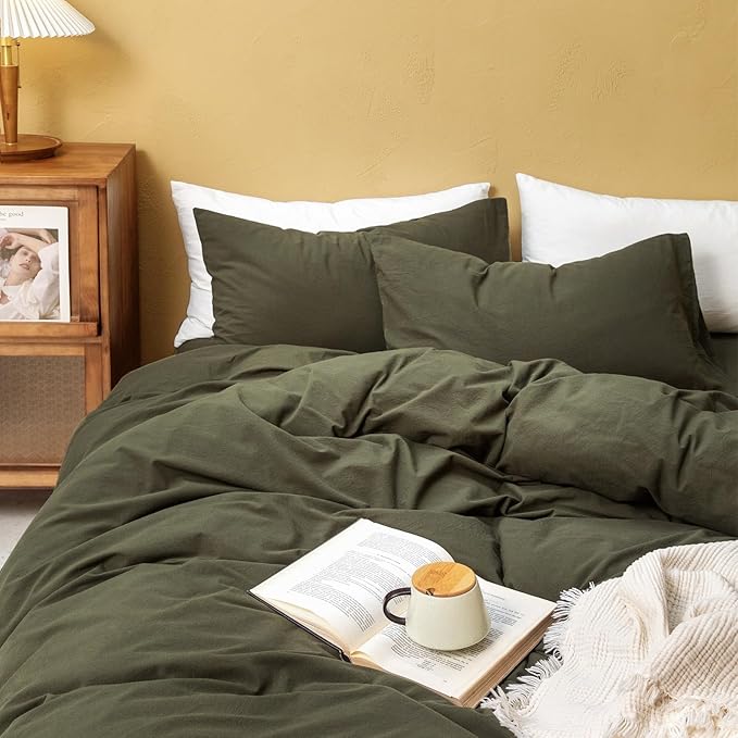 FOSSA Duvet Cover Set 100% Washed Cotton Linen Feel Super Soft Breathable Cozy 3 Pieces Bedding Sets Solid Olive Green Oversized King