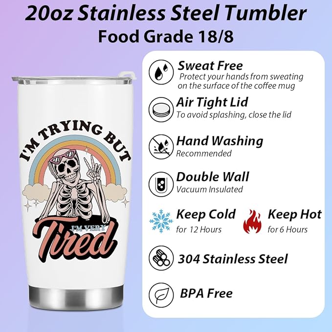 Inspirational Gifts for Women Tumbler, Sarcastic Skeleton Christmas Halloween Birthday Gifts, Rainbow Mental Health Awareness Coffee Mug Stainless Steel Vacuum Insulated Double Wall Travel Cup，20oz