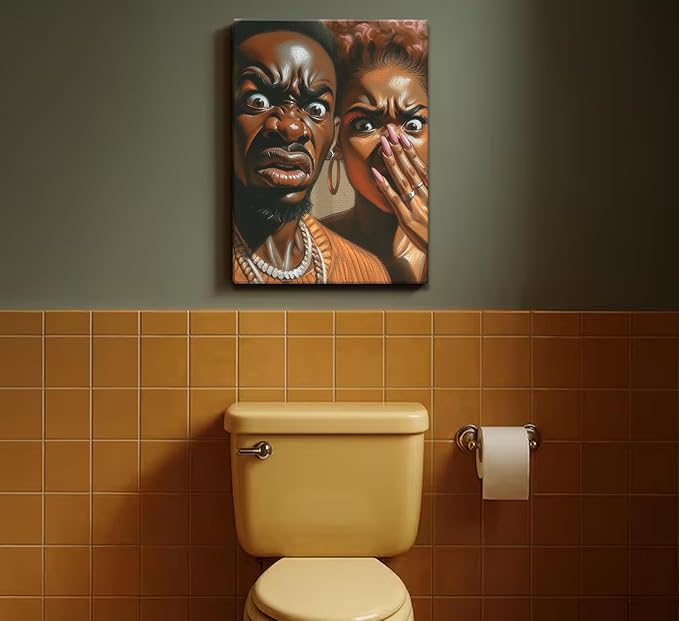 JASMIE Funny African American Bathroom Canvas Wall Art Humor Afrocentric Black Couple Unpleasant Smell Cover Nose Painting Pictures Wall Decor Print Artwork for Washroom Toilet Home Decoration