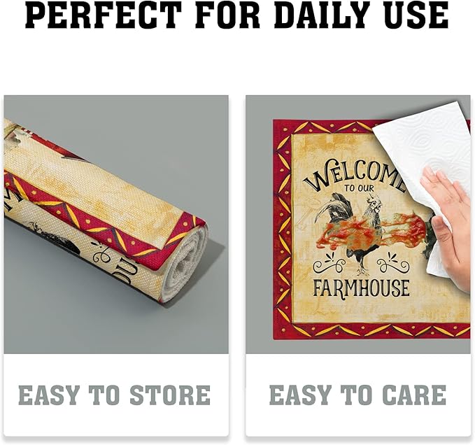 Giwawa Rooster Chicken Placemats, Welcome to Our Farmhouse Linen Place Mat, Vintage Animal Farm Decorative Washable Non Slip Table Mats for Dining Kitchen Party, Set of 4, 12"x18"