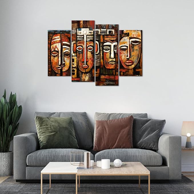 KREATIVE ARTS 4 Panel African American Wall Art Masks Tribal Ethnic Canvas Prints Vintage Poster Pictures Artwork Black Art Paintings for Living Room Ready to Hang L48xH33Inches