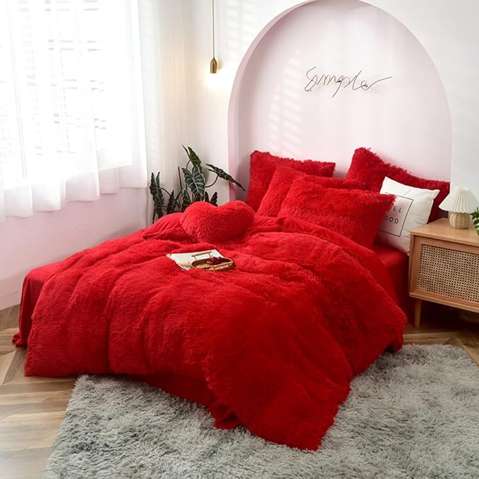 MorroMorn 5 PCS Shaggy Duvet Cover Bedding Set - Long Faux Fur Luxury Ultra Soft (Red, King/California King)