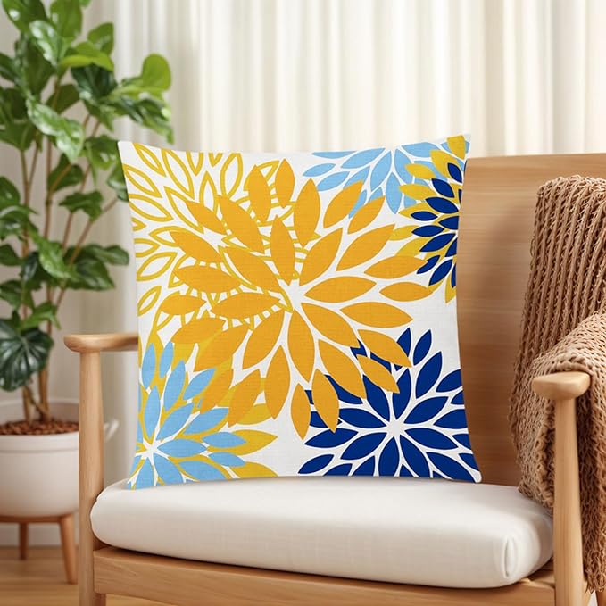 Yellow Blue Throw Pillow Covers 20x20 Set of 6, Daisy Dahlia Flower Pillow Cover, Decorative Square Cushion Cover, Farmhouse Pillowcase for Sofa Bedroom Living Room Farmhouse Home Decor