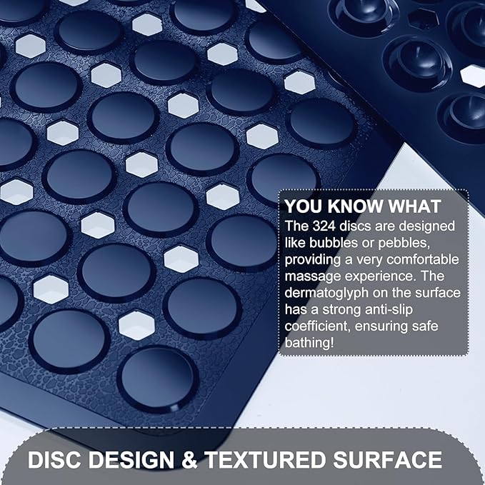 Bath Mat for Tub & Shower, Non Slip Soft Bathmat with Suction Cups & Drain Holes, Machine Washable Bathtub Floor Liner Mats for Bathroom, 35x16 Inch, Navy Blue