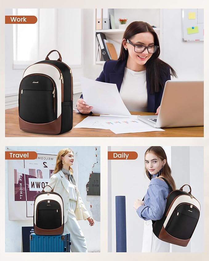 LOVEVOOK Laptop Backpack for Women, 17.3 Inch Work Backpack Purse, Large Capacity Casual Daypack, Business Computer Backpack, Travel Backpack for Nurse, Teacher, Black-White-Brown