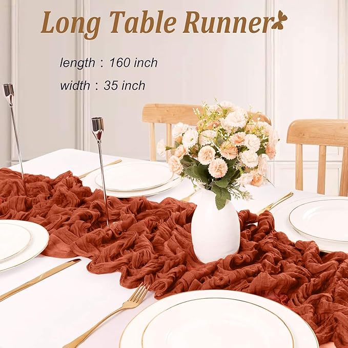 Cheesecloth Table Runner Boho Table Runner 13.3FT Long Terracotta Vintage Rustic Gauze Wedding Dining Table Decorations for Baby Shower Event Holiday Birthday Halloween Party Decorations