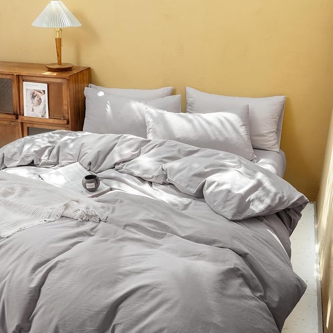 FOSSA Duvet Cover Set 100% Washed Cotton Linen Feel Super Soft Breathable Cozy 3 Pieces Bedding Sets Solid Grayish King