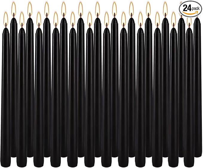 24 Pack Black Taper Candles, 7-8 Hours Burn Time, Unscented, Smokeless and Dripless, 0.75 x 10 Inch Dinner Candle Set for Household, Wedding, Party and Home Décor Candlesticks